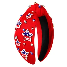 4th of July Headbands for Women, 4th of July Accessories, American Flag Patriotic Headband, Rhinestone Pearl Knotted Headbands Beads Embellished Jeweled Hairbands Holiday Gifts (Star E-Red)