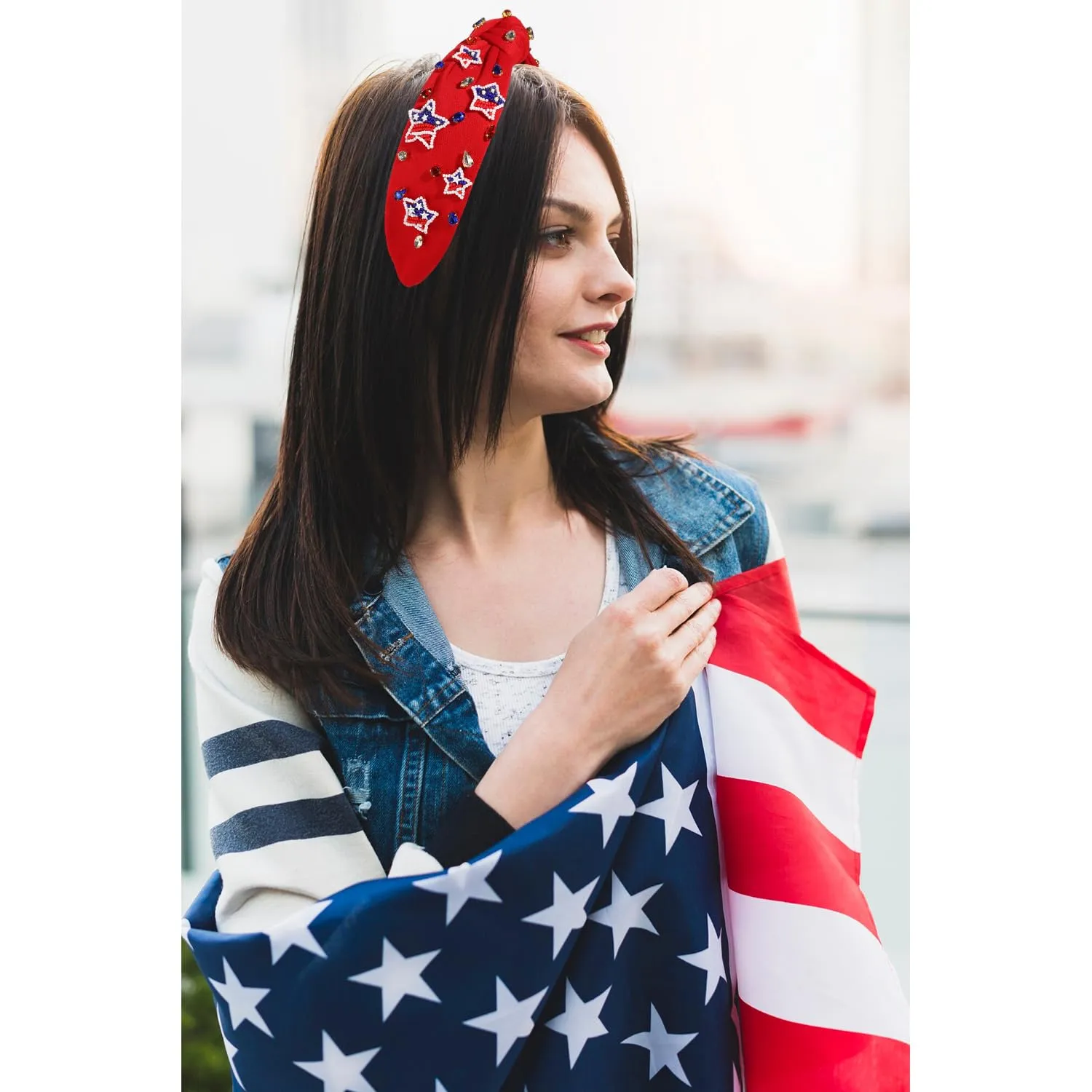 4th of July Headbands for Women, 4th of July Accessories, American Flag Patriotic Headband, Rhinestone Pearl Knotted Headbands Beads Embellished Jeweled Hairbands Holiday Gifts (Star E-Red)