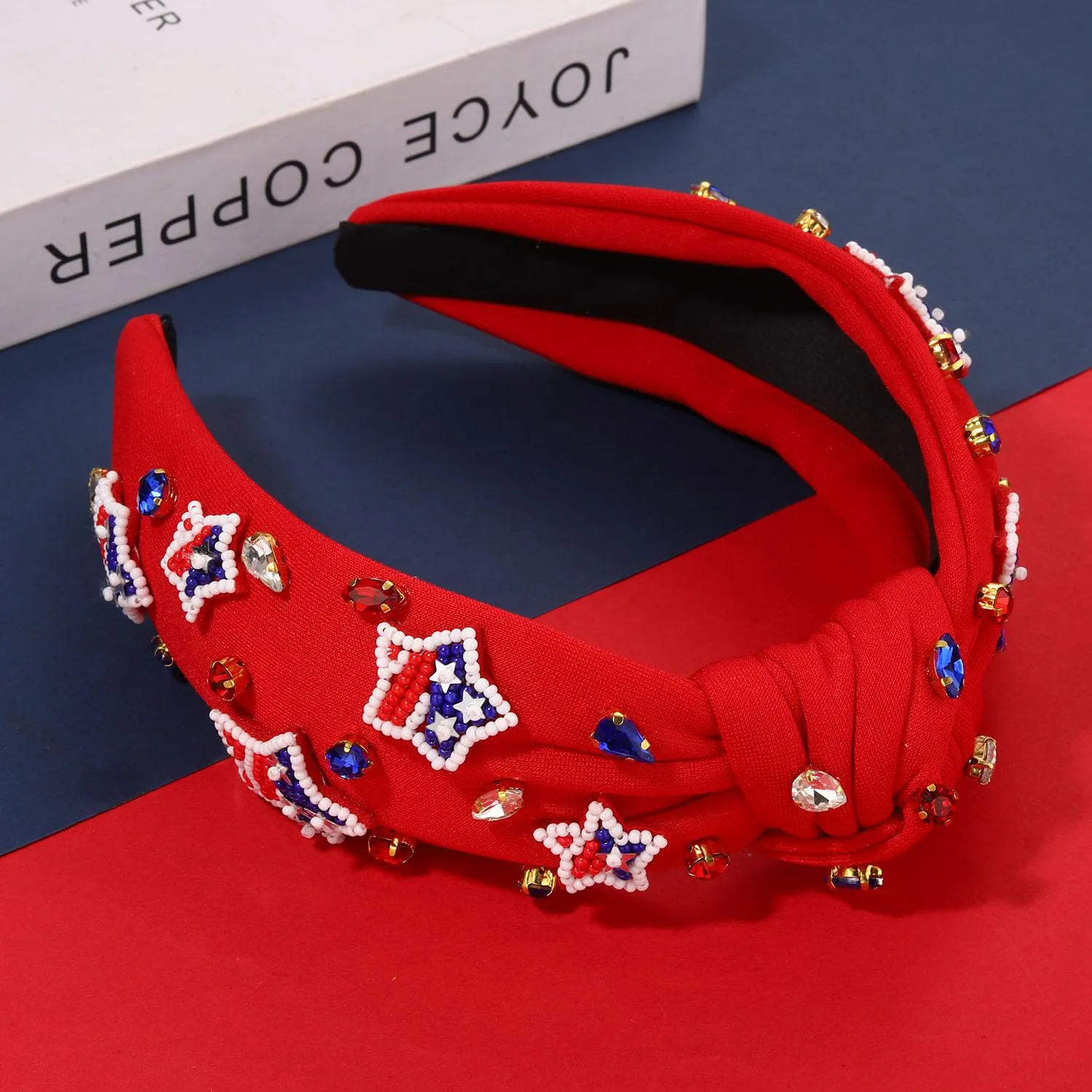 4th of July Headbands for Women, 4th of July Accessories, American Flag Patriotic Headband, Rhinestone Pearl Knotted Headbands Beads Embellished Jeweled Hairbands Holiday Gifts (Star E-Red)