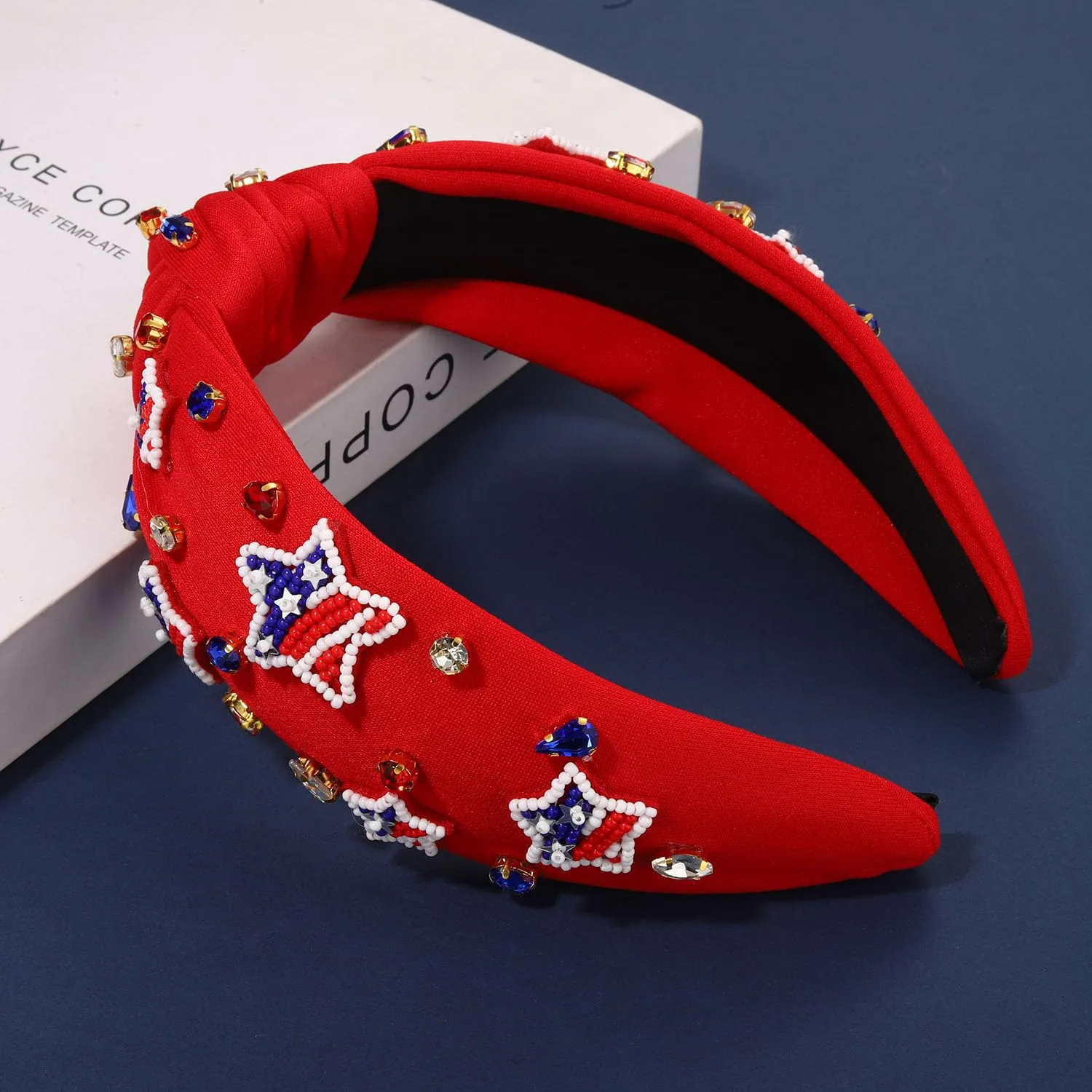 4th of July Headbands for Women, 4th of July Accessories, American Flag Patriotic Headband, Rhinestone Pearl Knotted Headbands Beads Embellished Jeweled Hairbands Holiday Gifts (Star E-Red)
