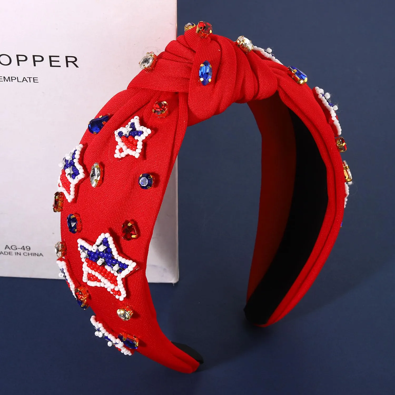 4th of July Headbands for Women, 4th of July Accessories, American Flag Patriotic Headband, Rhinestone Pearl Knotted Headbands Beads Embellished Jeweled Hairbands Holiday Gifts (Star E-Red)