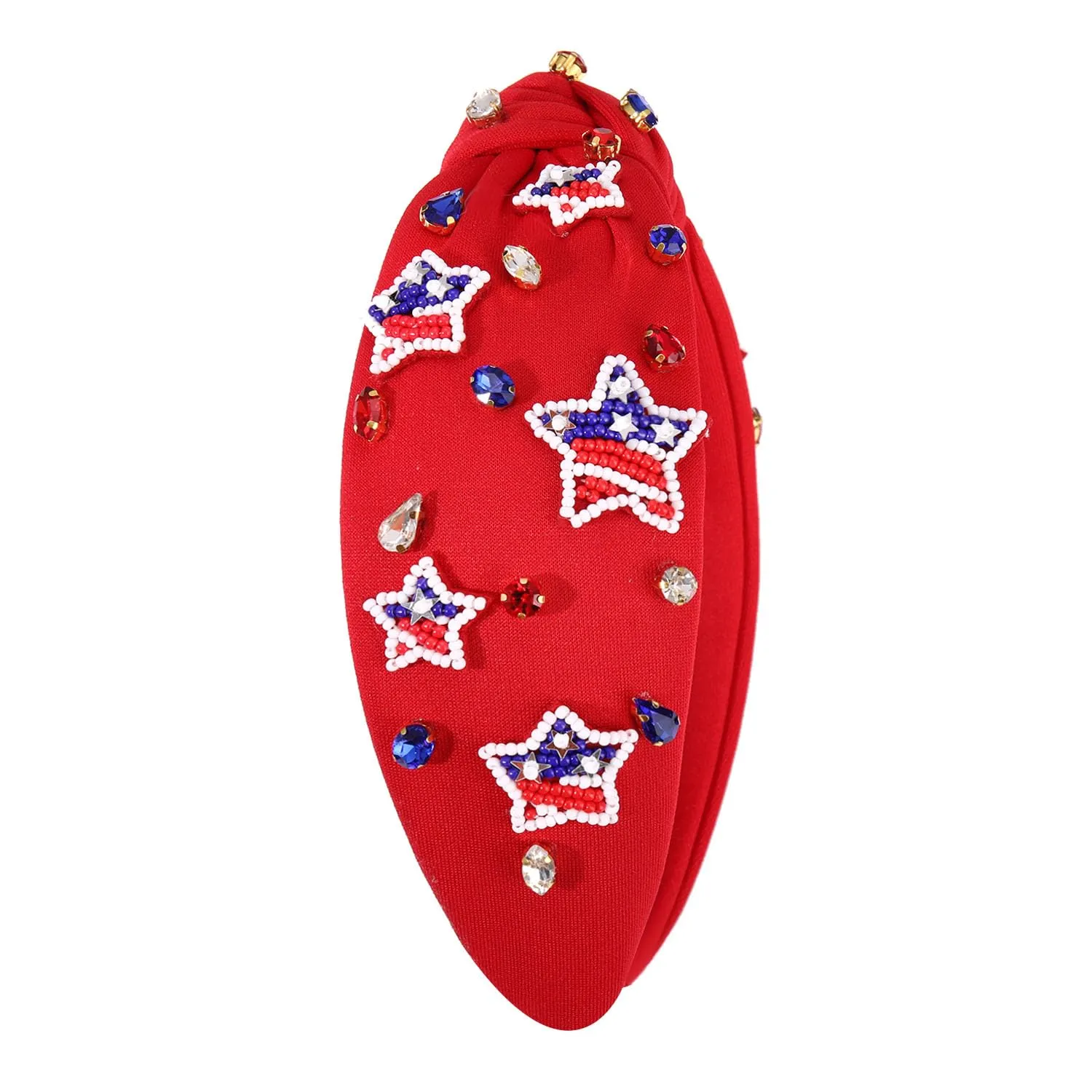 4th of July Headbands for Women, 4th of July Accessories, American Flag Patriotic Headband, Rhinestone Pearl Knotted Headbands Beads Embellished Jeweled Hairbands Holiday Gifts (Star E-Red)