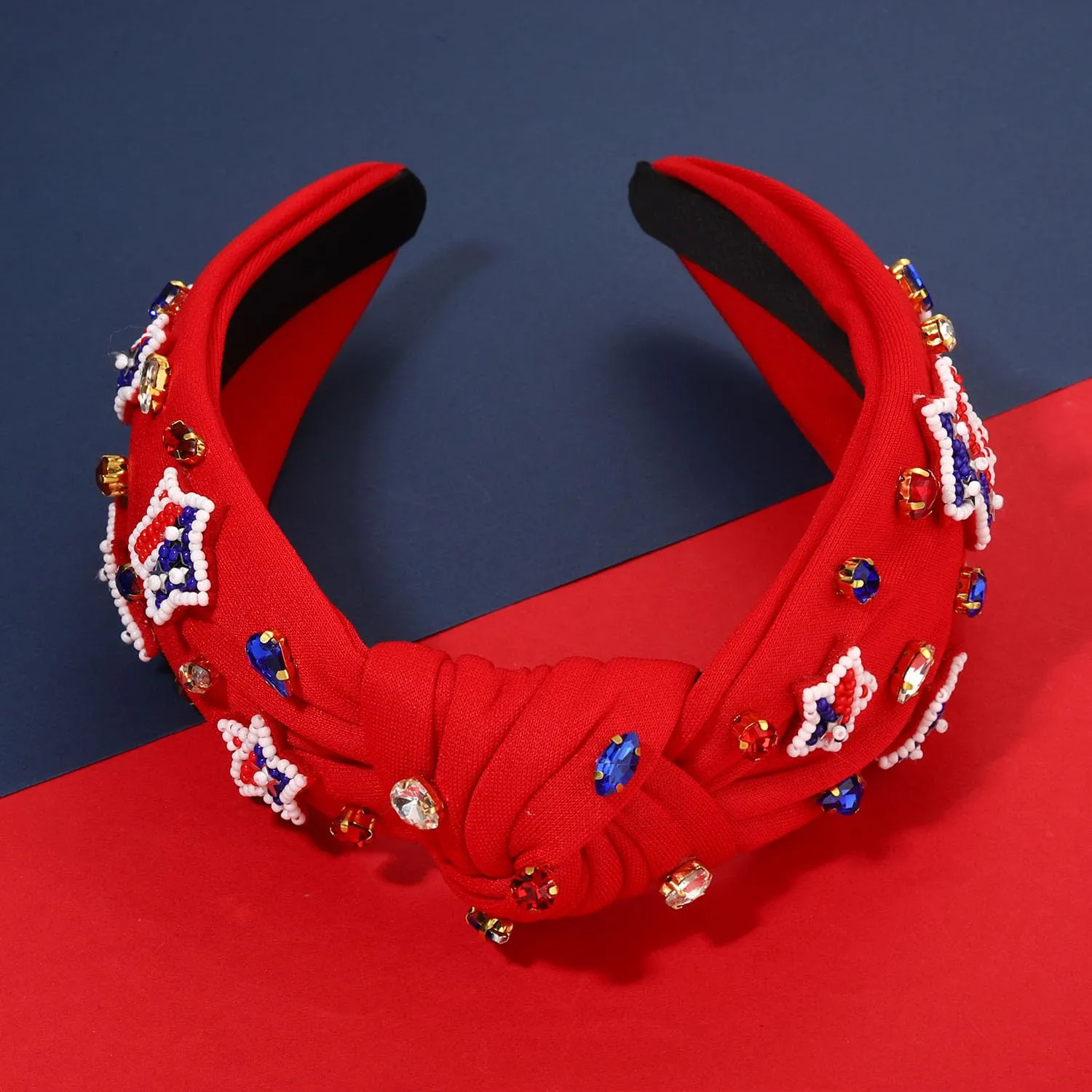4th of July Headbands for Women, 4th of July Accessories, American Flag Patriotic Headband, Rhinestone Pearl Knotted Headbands Beads Embellished Jeweled Hairbands Holiday Gifts (Star E-Red)