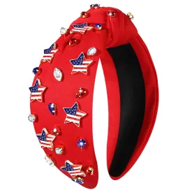 4th of July Headbands for Women, 4th of July Accessories, American Flag Patriotic Headbands, Rhinestone Pearl Knotted Hairbands Beads Embellished Jeweled Headband Holiday Gifts (Star B - Red)