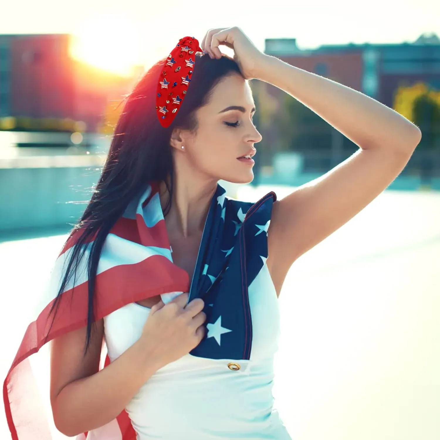 4th of July Headbands for Women, 4th of July Accessories, American Flag Patriotic Headbands, Rhinestone Pearl Knotted Hairbands Beads Embellished Jeweled Headband Holiday Gifts (Star B - Red)