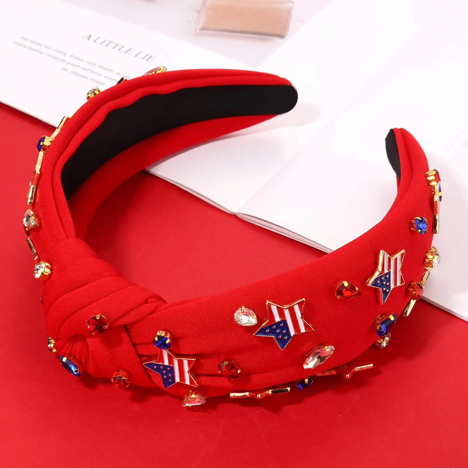 4th of July Headbands for Women, 4th of July Accessories, American Flag Patriotic Headbands, Rhinestone Pearl Knotted Hairbands Beads Embellished Jeweled Headband Holiday Gifts (Star B - Red)