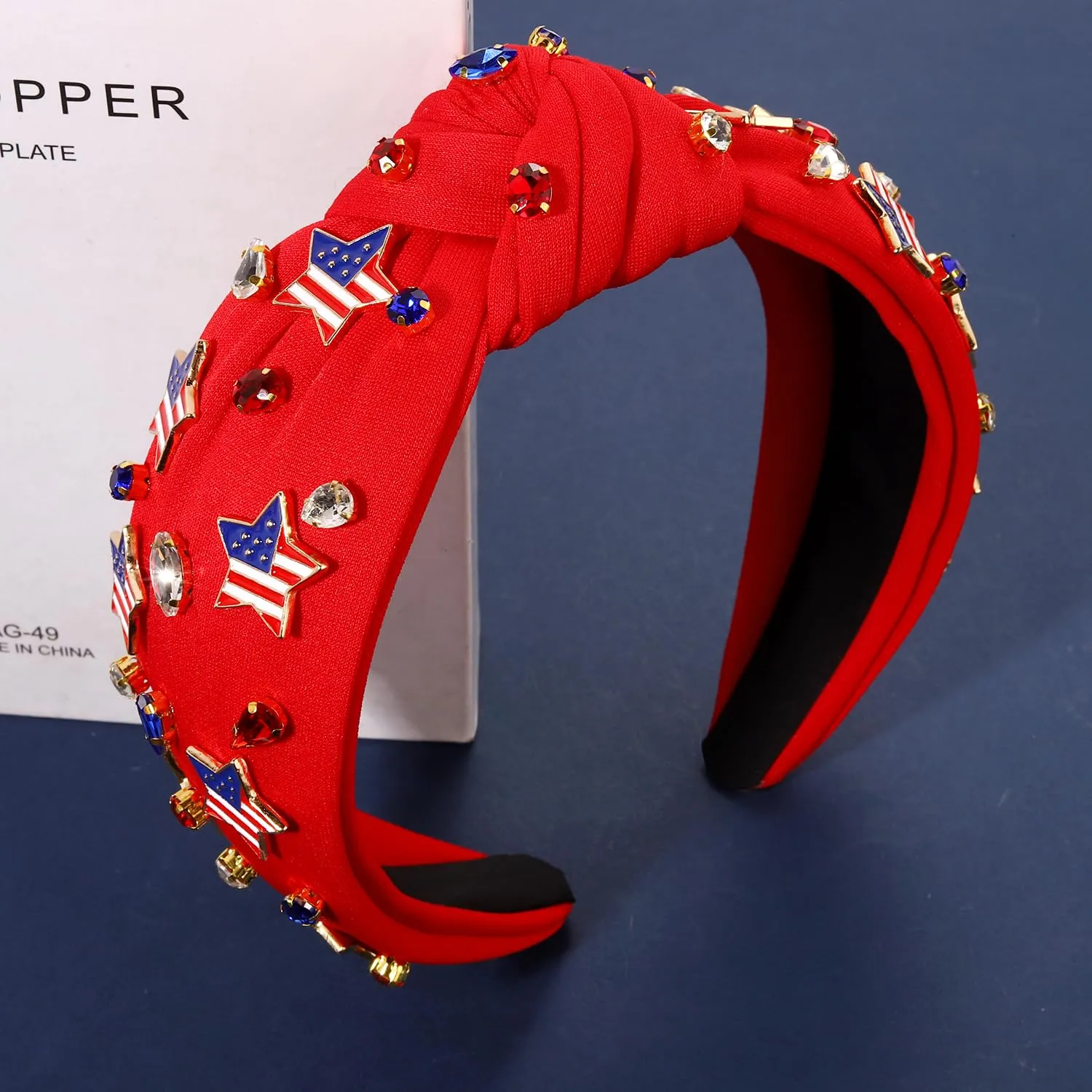 4th of July Headbands for Women, 4th of July Accessories, American Flag Patriotic Headbands, Rhinestone Pearl Knotted Hairbands Beads Embellished Jeweled Headband Holiday Gifts (Star B - Red)