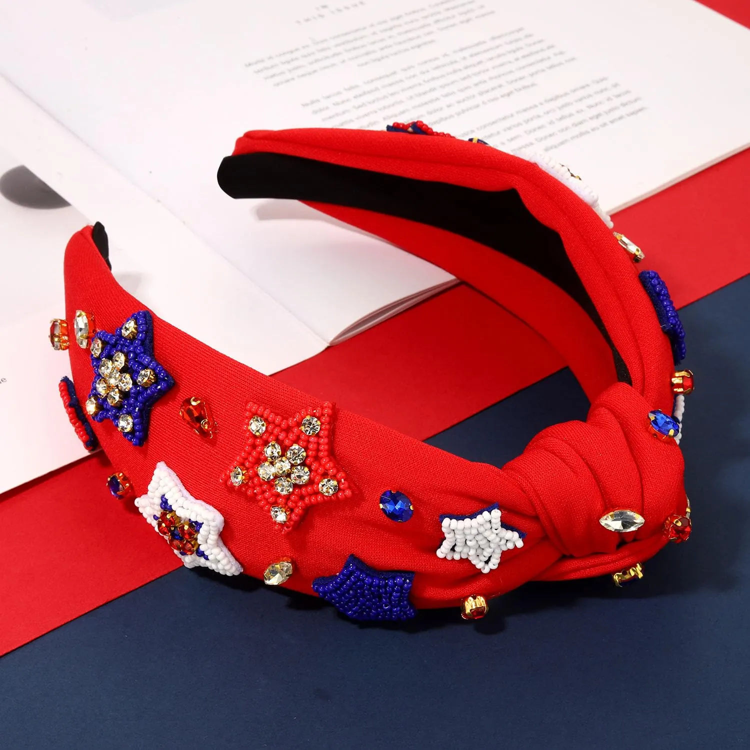 4th of July Women's Headbands - American Flag Star Rhinestone Knotted Headbands for Patriotic Outfits (Star A-Red)