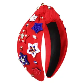 4th of July Women's Headbands - American Flag Star Rhinestone Knotted Headbands for Patriotic Outfits (Star A-Red)