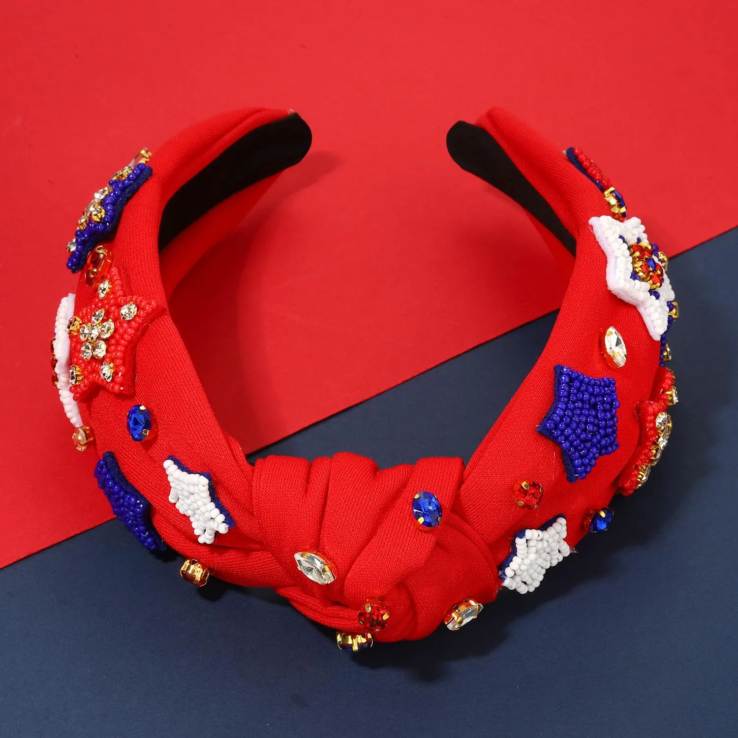 4th of July Women's Headbands - American Flag Star Rhinestone Knotted Headbands for Patriotic Outfits (Star A-Red)