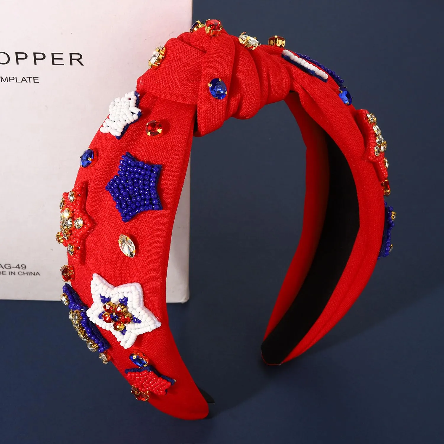 4th of July Women's Headbands - American Flag Star Rhinestone Knotted Headbands for Patriotic Outfits (Star A-Red)