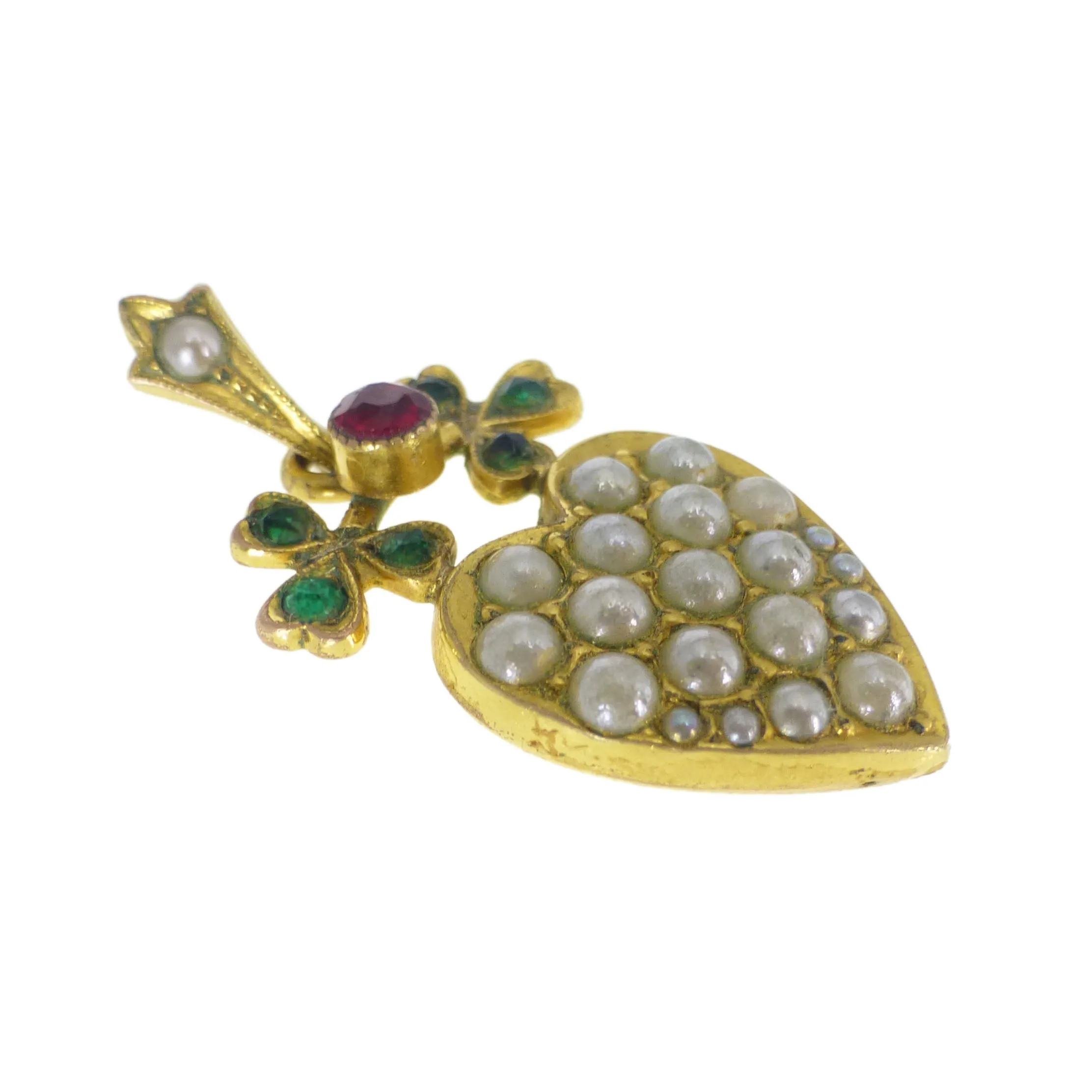 Antique Gold Plated Lucky Clover Pearl Heart Charm
