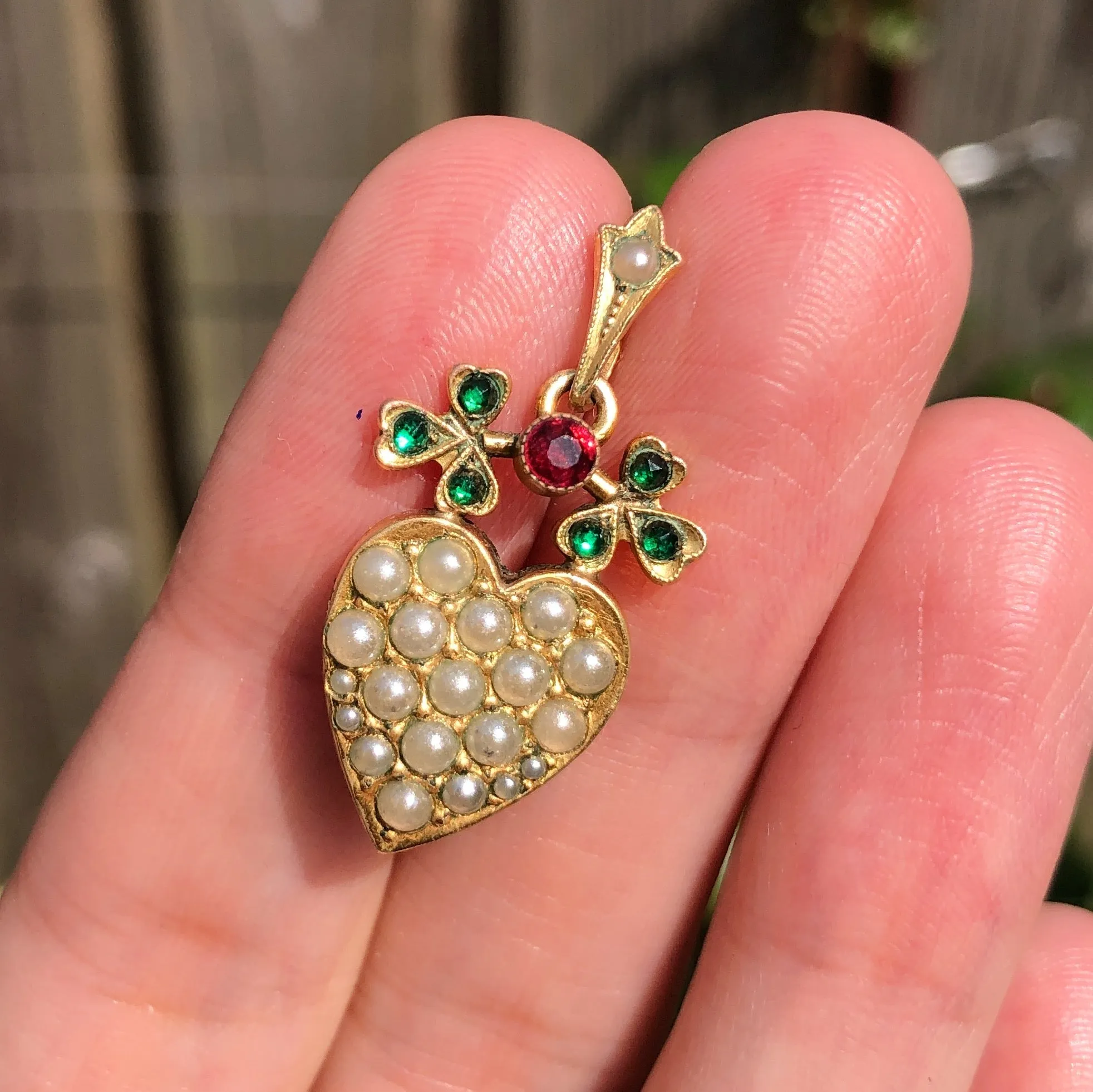Antique Gold Plated Lucky Clover Pearl Heart Charm