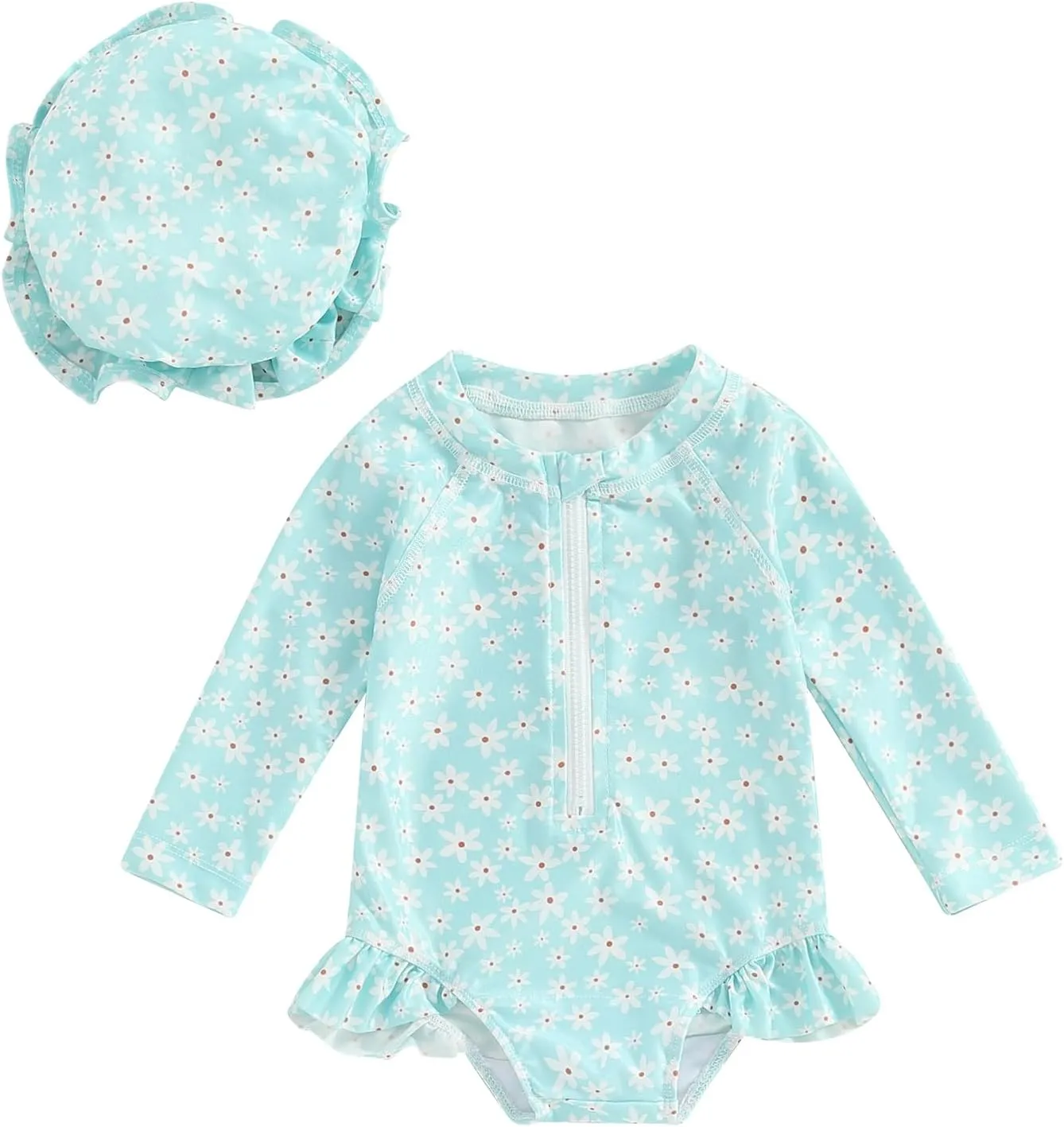 Baby Girls Long Sleeve One Piece Swimsuit Zipper Bathing Suit Toddler Infant Rash Guard Swimwear with Sun Hat Set
