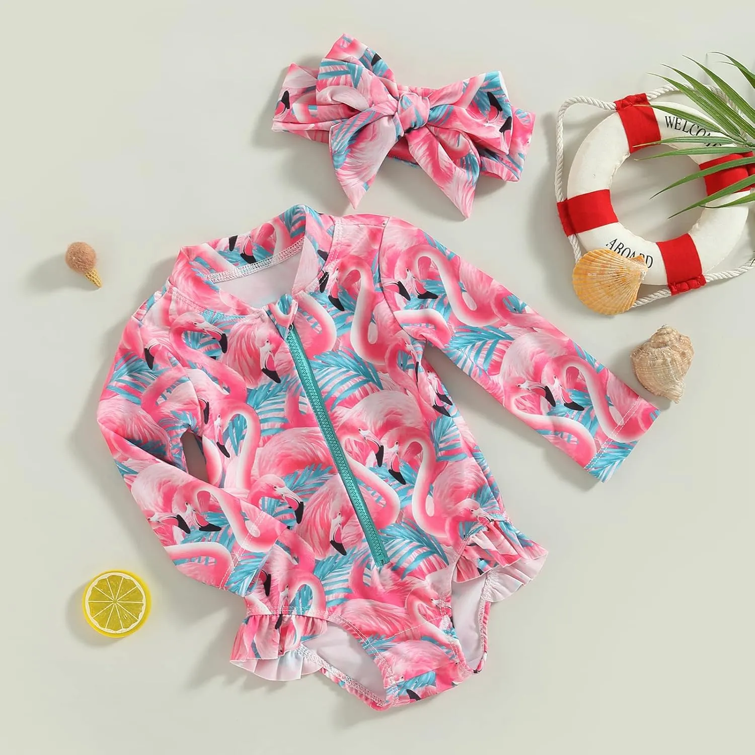 Baby Girls Long Sleeve One Piece Swimsuit Zipper Bathing Suit Toddler Infant Rash Guard Swimwear with Sun Hat Set