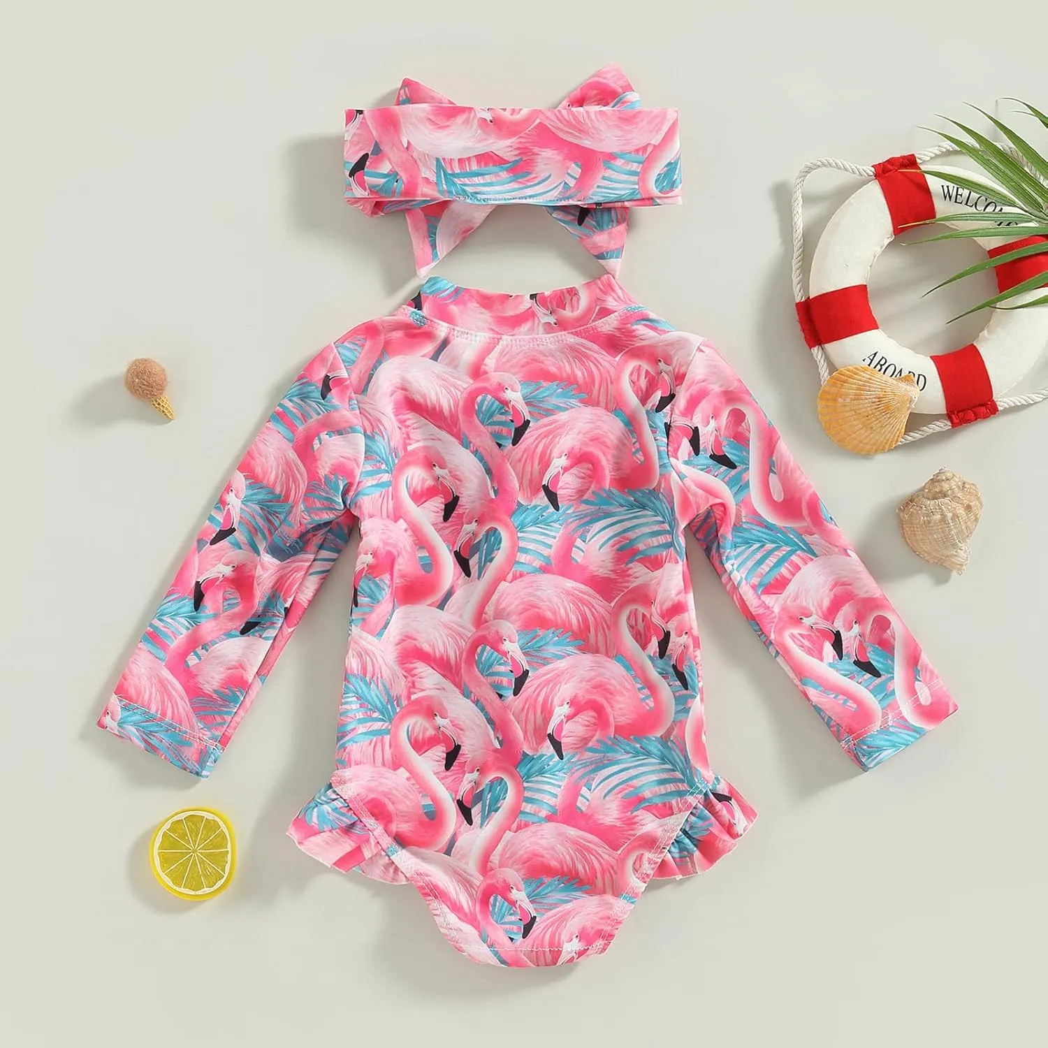 Baby Girls Long Sleeve One Piece Swimsuit Zipper Bathing Suit Toddler Infant Rash Guard Swimwear with Sun Hat Set