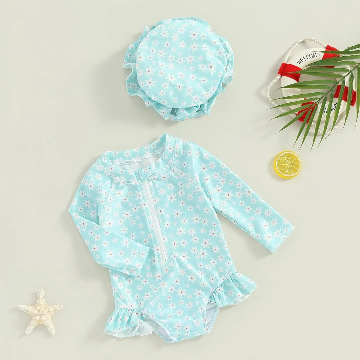 Baby Girls Long Sleeve One Piece Swimsuit Zipper Bathing Suit Toddler Infant Rash Guard Swimwear with Sun Hat Set