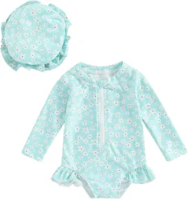 Baby Girls Long Sleeve One Piece Swimsuit Zipper Bathing Suit Toddler Infant Rash Guard Swimwear with Sun Hat Set