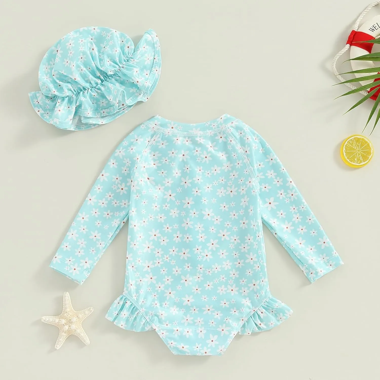 Baby Girls Long Sleeve One Piece Swimsuit Zipper Bathing Suit Toddler Infant Rash Guard Swimwear with Sun Hat Set