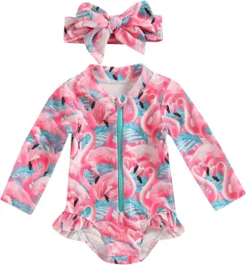 Baby Girls Long Sleeve One Piece Swimsuit Zipper Bathing Suit Toddler Infant Rash Guard Swimwear with Sun Hat Set