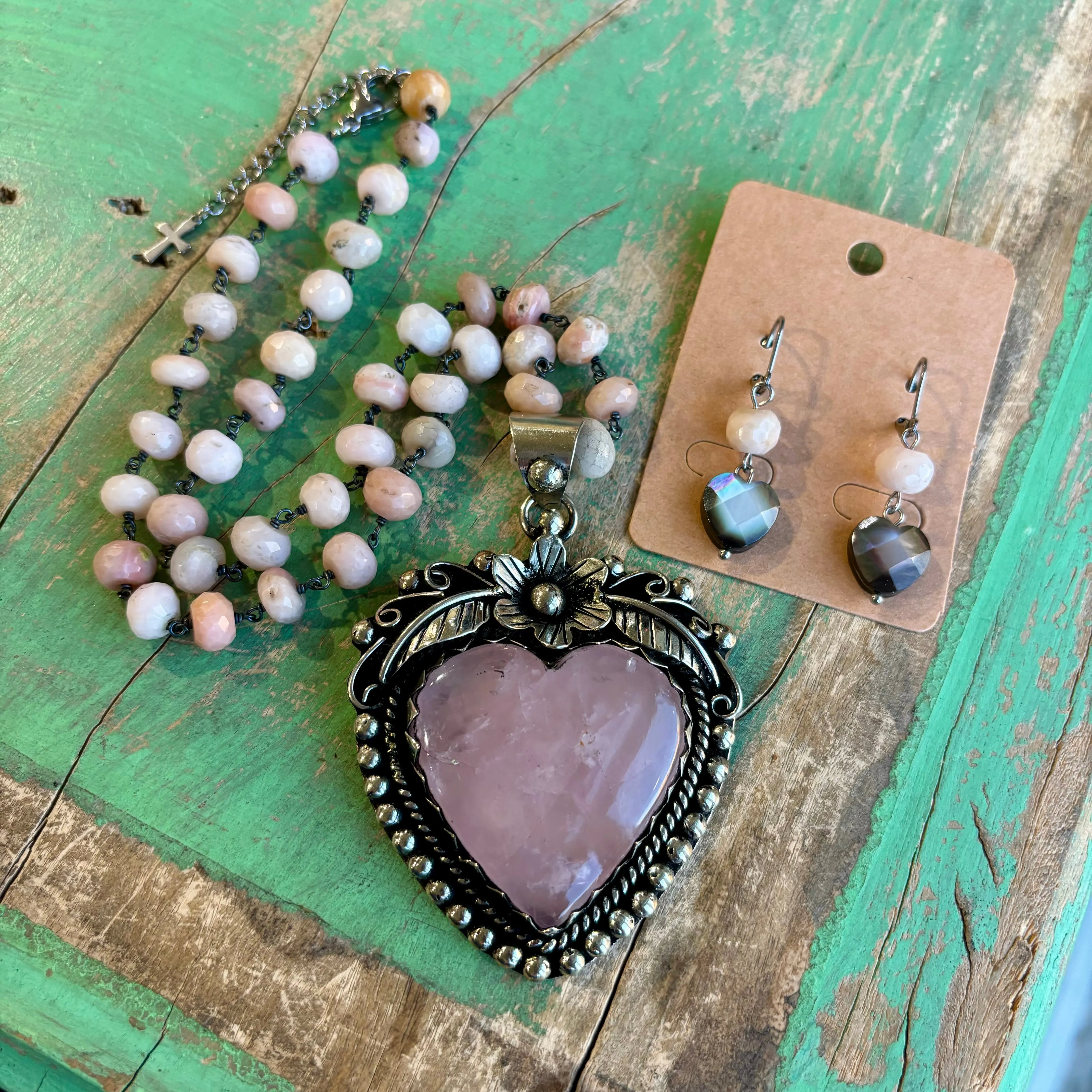 Baby Pink Sacred Heart Necklace or Earrings