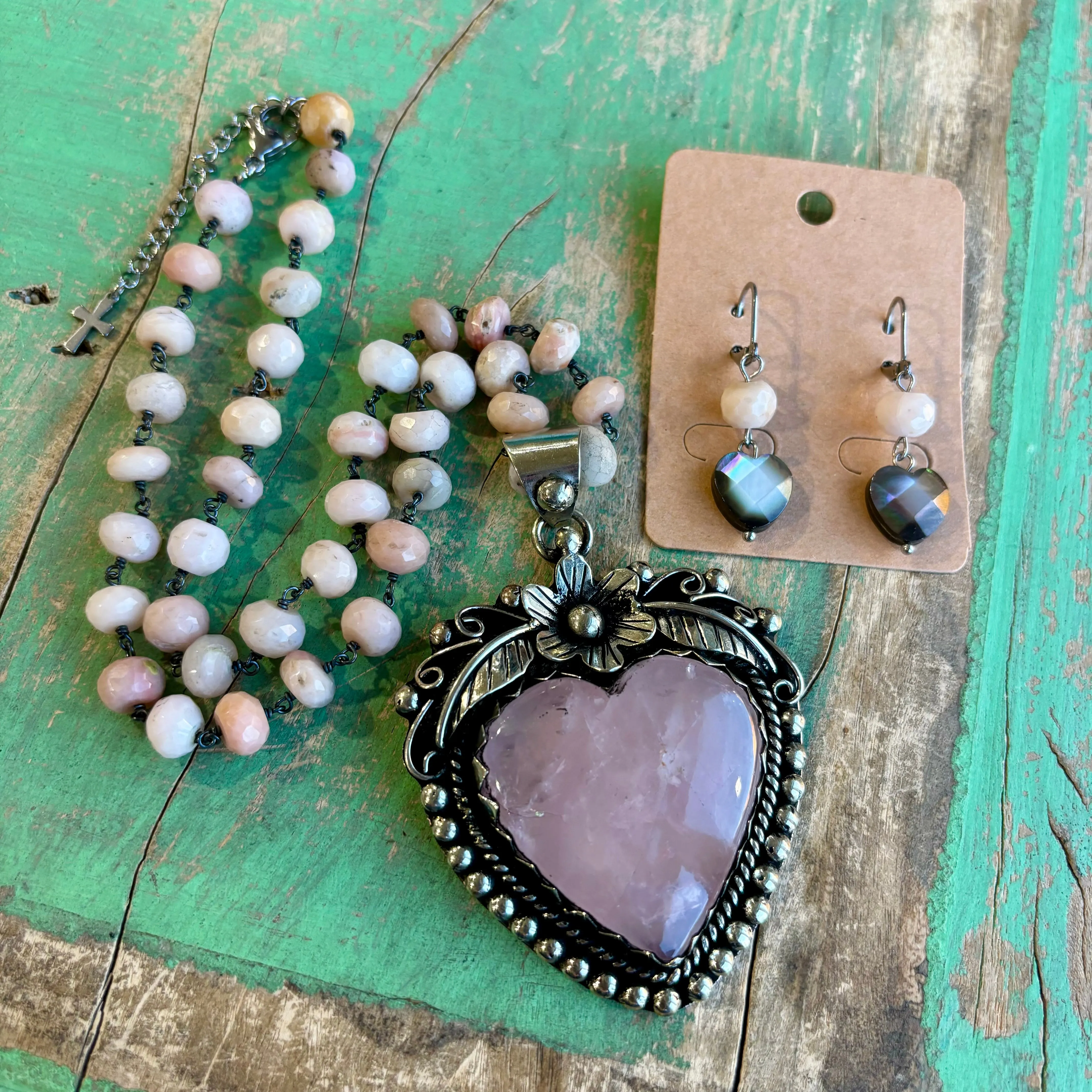 Baby Pink Sacred Heart Necklace or Earrings