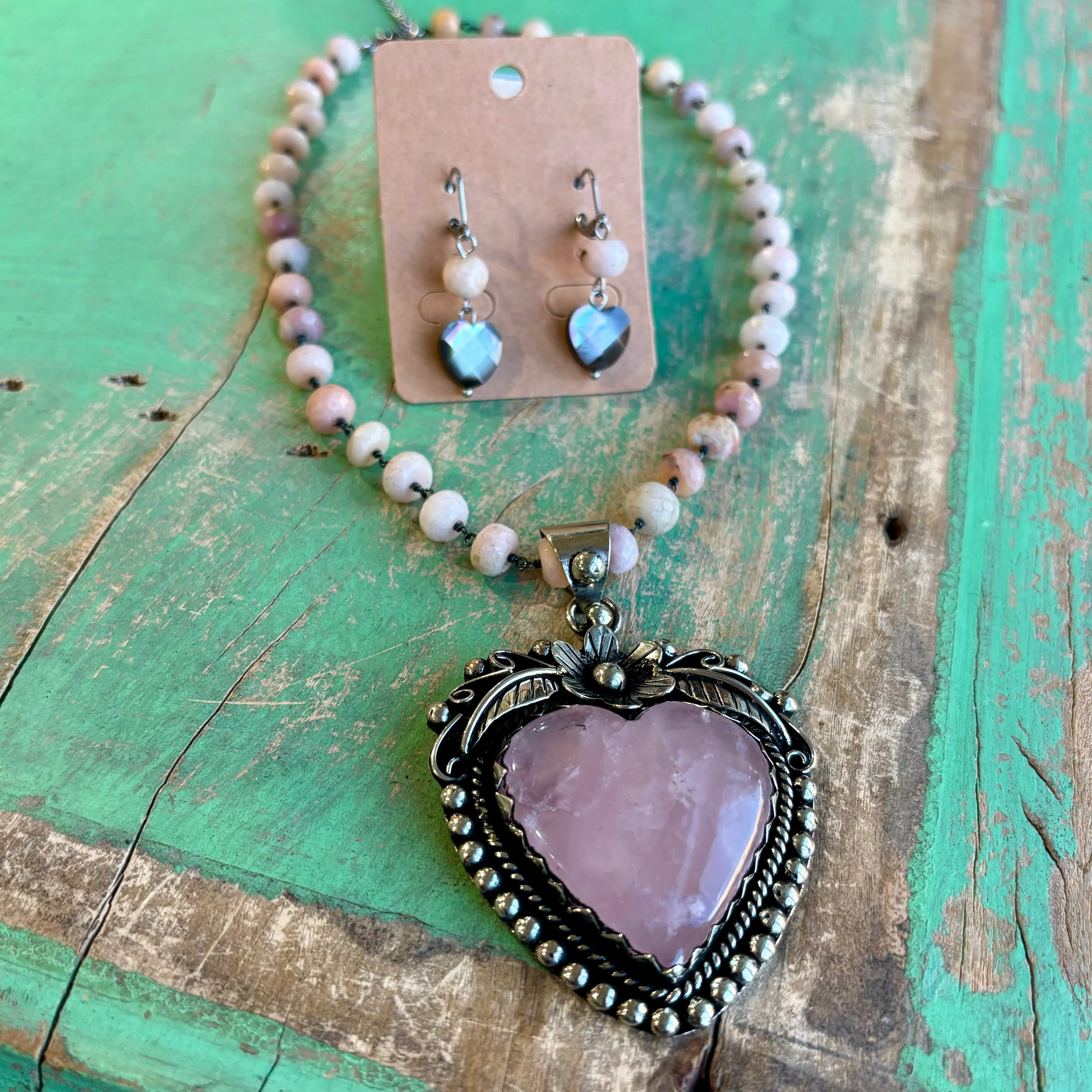 Baby Pink Sacred Heart Necklace or Earrings