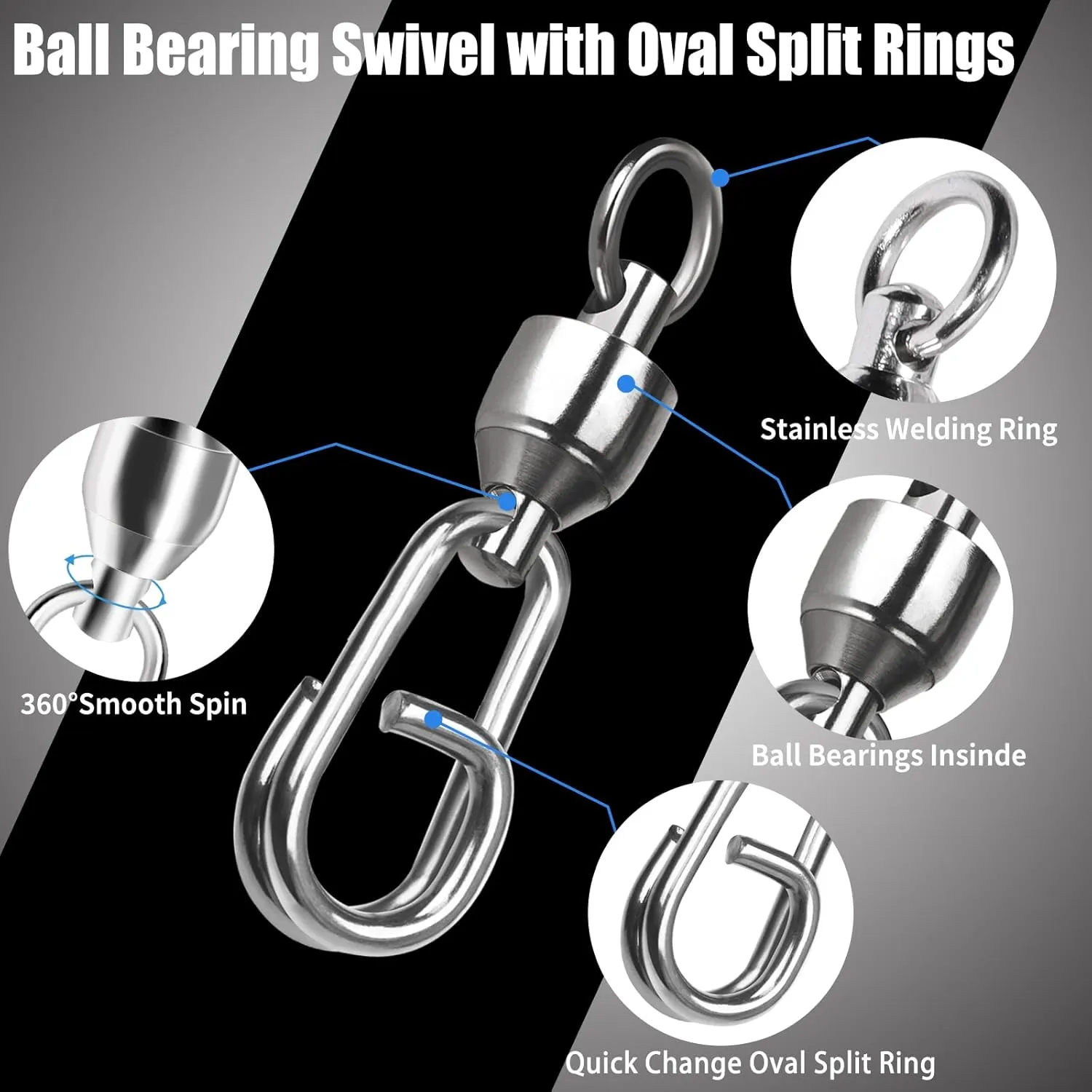 Ball Bearing Swivel with Oval Split Rings - 25pcs Snap Swivels Fishing Tackle Saltwater Freshwater