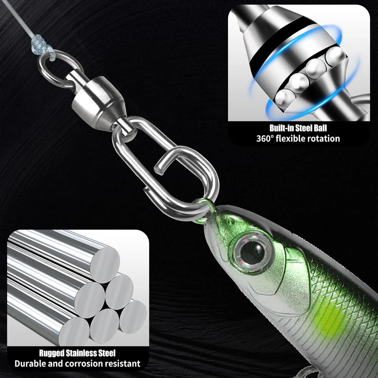 Ball Bearing Swivel with Oval Split Rings - 25pcs Snap Swivels Fishing Tackle Saltwater Freshwater