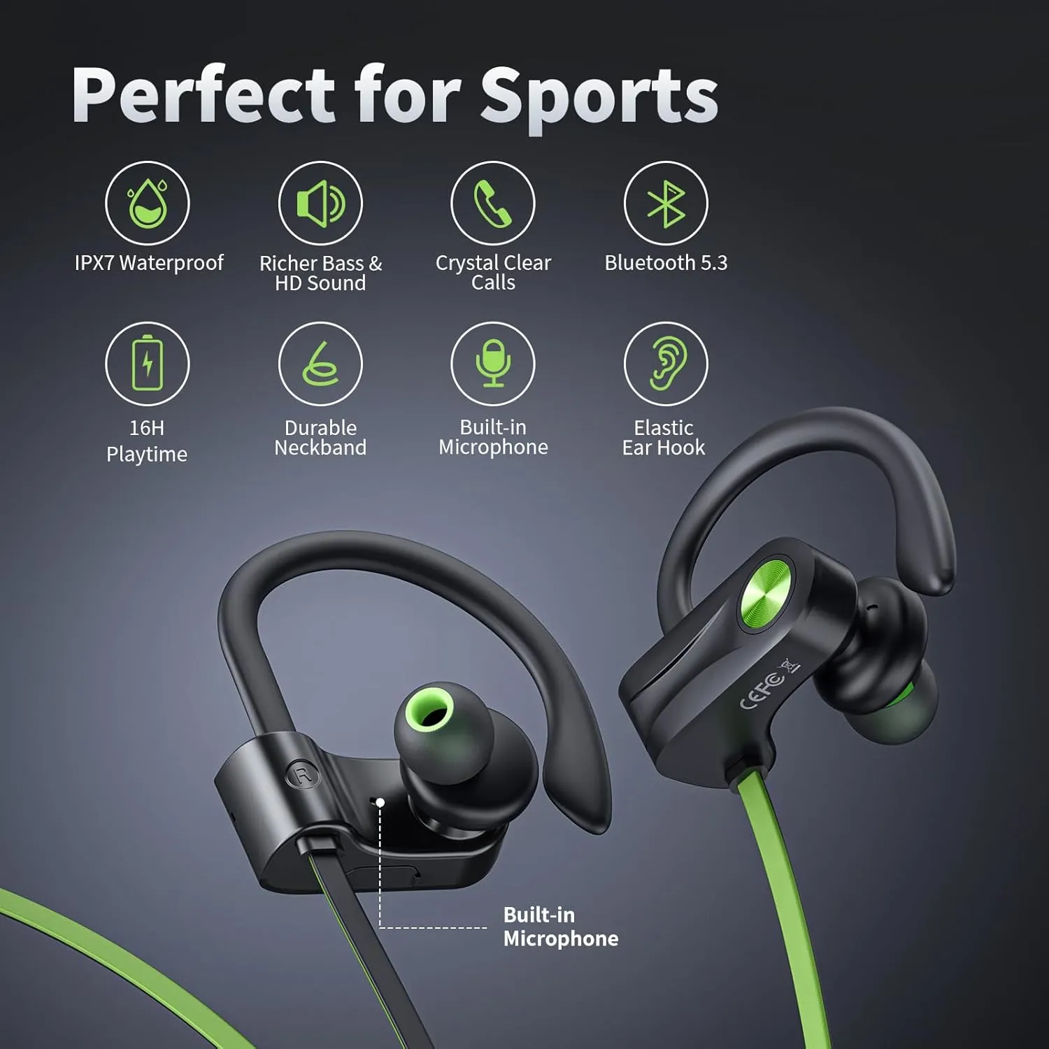 Bluetooth Headphones, Wireless Earbuds IPX7 Waterproof Bluetooth 5.3 Headphones with 16Hrs Playtime Stereo Bass Headsets with Mic Running Headsets with Earhooks for Sports Running Workout