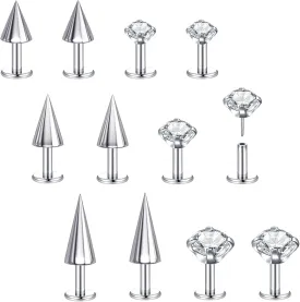 BodyAce Threadless Spike Flact Back Earrings Cartilage Lip Rings, 16G Stainless Steel Daith Helix Tragus Studs, Push in Rook Lobe Lip Piercing for Women Men