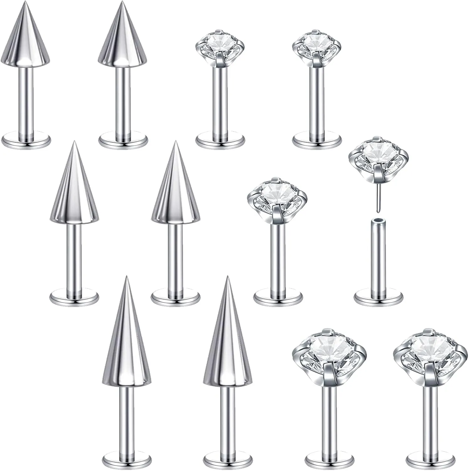 BodyAce Threadless Spike Flact Back Earrings Cartilage Lip Rings, 16G Stainless Steel Daith Helix Tragus Studs, Push in Rook Lobe Lip Piercing for Women Men