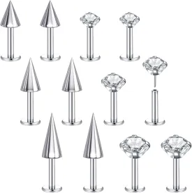 BodyAce Threadless Spike Flact Back Earrings Cartilage Lip Rings, 16G Stainless Steel Daith Helix Tragus Studs, Push in Rook Lobe Lip Piercing for Women Men