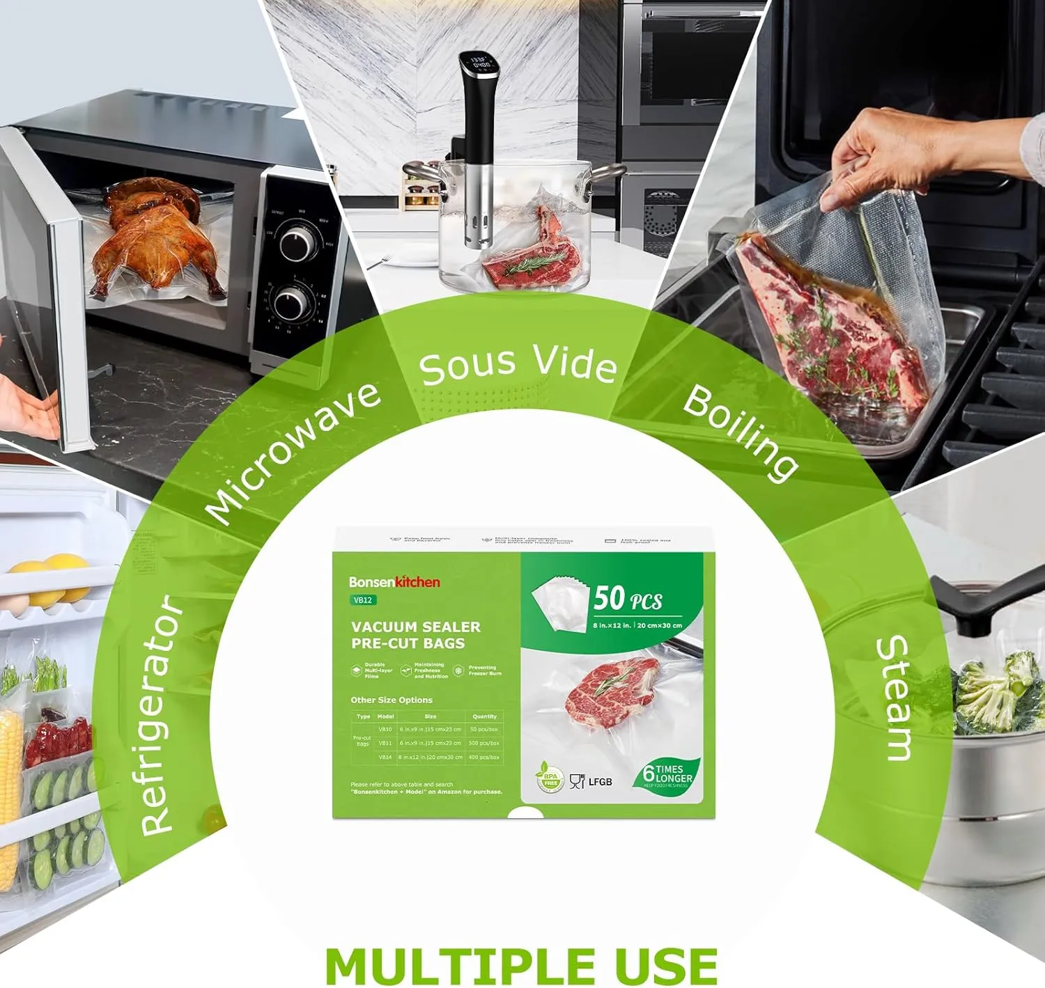 Bonsenkitchen Vacuum Sealer Bags, 50 Quart 8" x 12" Precut Food Sealer Bags, Commercial Grade, BPA Free, Heavy Duty, Customized Size Vacuum Bags for Vac Storage, Meal Prep or Sous Vide Cooking, VB12