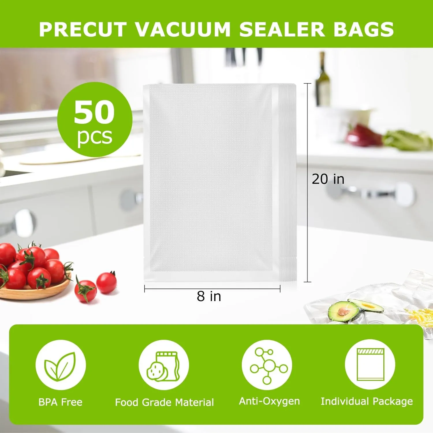 Bonsenkitchen Vacuum Sealer Bags, 50 Quart 8" x 12" Precut Food Sealer Bags, Commercial Grade, BPA Free, Heavy Duty, Customized Size Vacuum Bags for Vac Storage, Meal Prep or Sous Vide Cooking, VB12