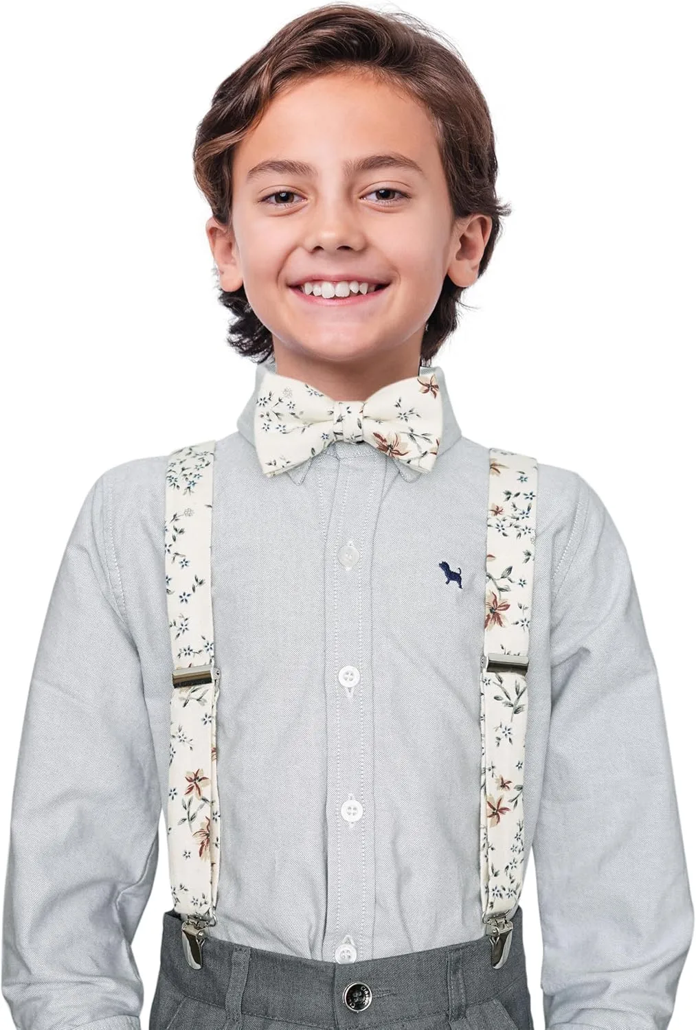 Boys' Floral Suspenders and Bow Tie Set, Pre-Tied Cotton Bowtie for Kids from Toddlers to Teens