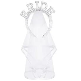 Bride Headband with Veil Bachelorette Party Decorations Bridal Headband for Wedding Crown White Pearl Headpiece Bachelorette Favors Bridesmaid Bridal Shower Party Gift