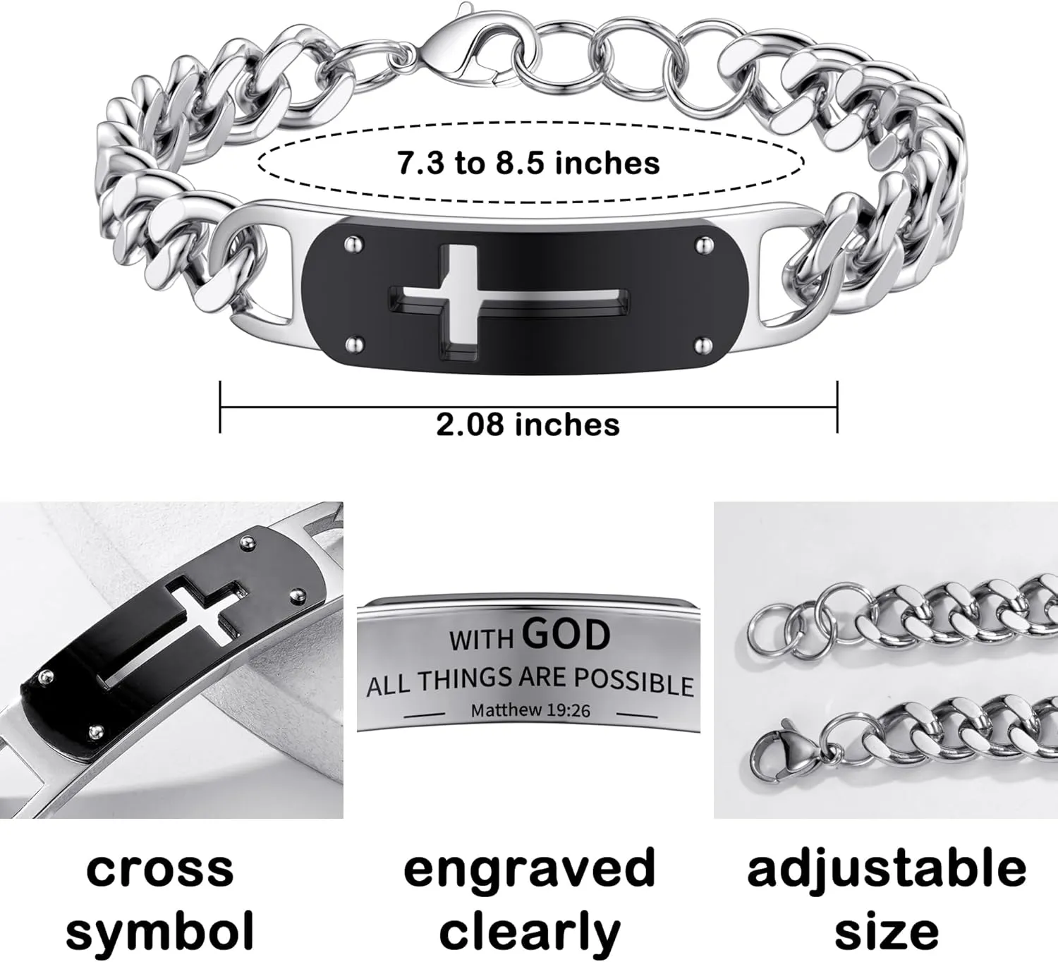 Cross Bracelet for Men Boys, Stainless Steel Cuban Cross Chain Link Bracelets Bible Verse Christian Cool Jewelry Graduation Gifts for Kids Teen Boy 7.5-8.5 Inches