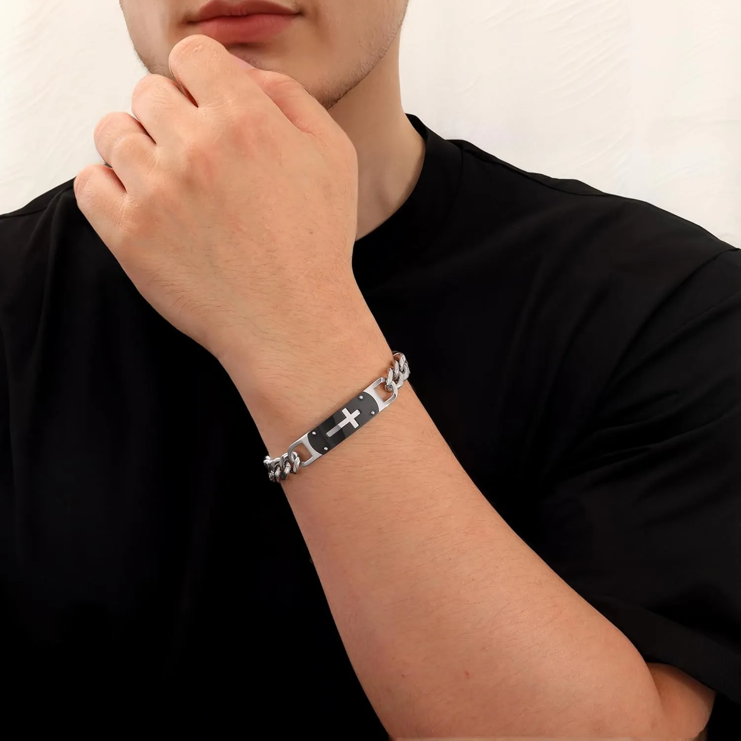 Cross Bracelet for Men Boys, Stainless Steel Cuban Cross Chain Link Bracelets Bible Verse Christian Cool Jewelry Graduation Gifts for Kids Teen Boy 7.5-8.5 Inches