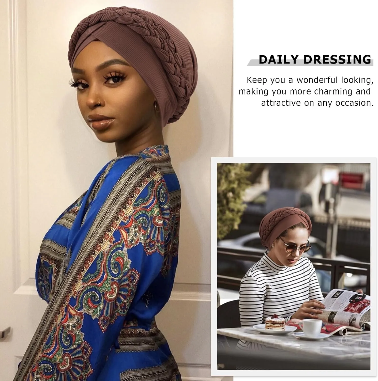 DRESHOW African Women Turban Caps Beanie Twist Headscarf Pre-Tied Double Twisted Braid Hair Cover Wrap Hat Chemo Cancer Cap