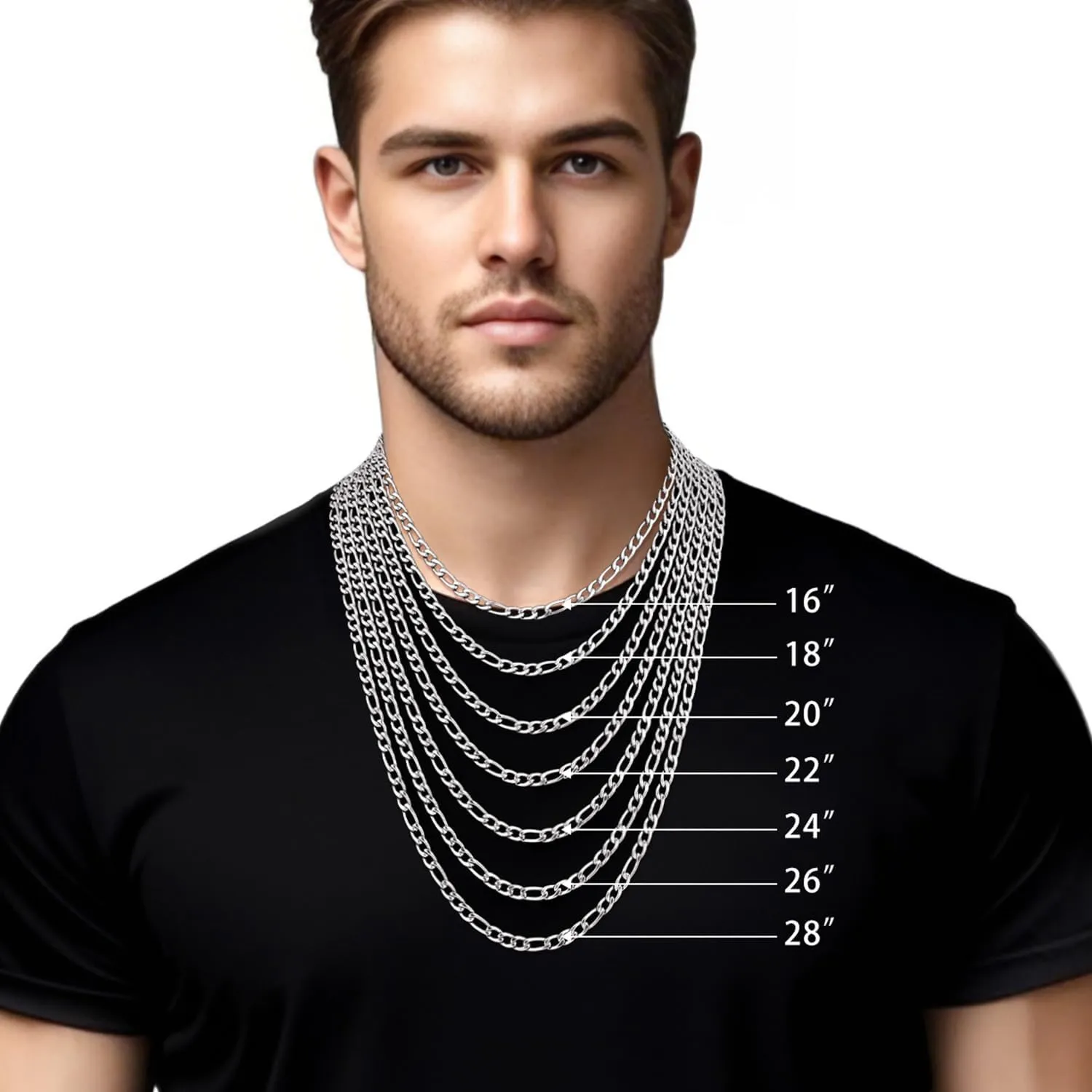 Fiusem Father's Day Gifts Figaro Chains for Men Women, Silver Tone Mens Chain Necklaces, Wide 3.5/5/6/7/8/9.5mm Stainless Steel Chain Necklace for Men Women