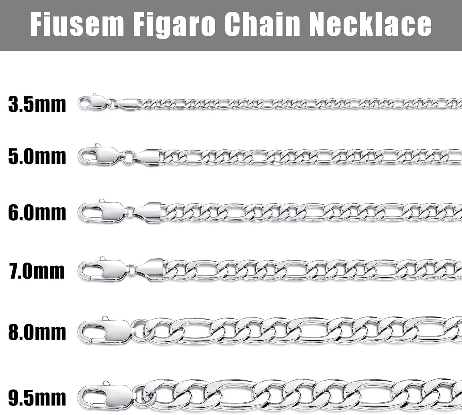 Fiusem Father's Day Gifts Figaro Chains for Men Women, Silver Tone Mens Chain Necklaces, Wide 3.5/5/6/7/8/9.5mm Stainless Steel Chain Necklace for Men Women