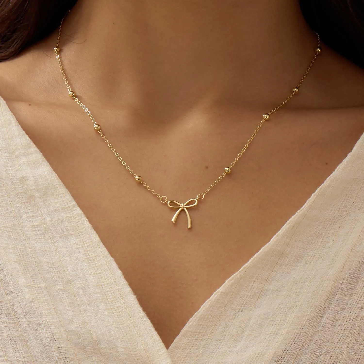 Gold Necklace for Women Dainty Bow Necklace 14K Gold Plated Cute Choker Necklace Small Bow Pendant Charm Necklaces Teen Gift Trendy Stuff Personalized Jewelry Gifts