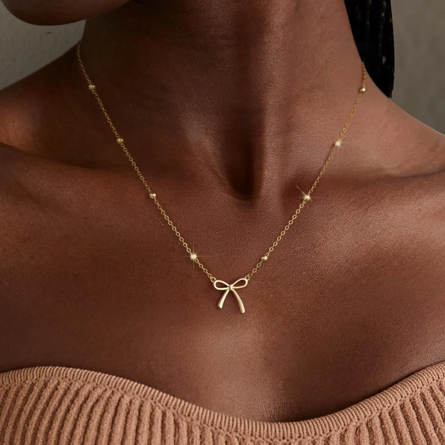 Gold Necklace for Women Dainty Bow Necklace 14K Gold Plated Cute Choker Necklace Small Bow Pendant Charm Necklaces Teen Gift Trendy Stuff Personalized Jewelry Gifts