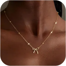 Gold Necklace for Women Dainty Bow Necklace 14K Gold Plated Cute Choker Necklace Small Bow Pendant Charm Necklaces Teen Gift Trendy Stuff Personalized Jewelry Gifts