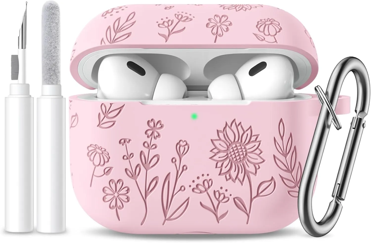 Hamile for AirPods Pro 2nd Generation Case with Cleaner Kit & Keychain, Cute Flower Engraved Soft Silicone Protective AirPods Pro Case Cover for Apple AirPods Pro Case 2nd/1st Generation, Light Pink