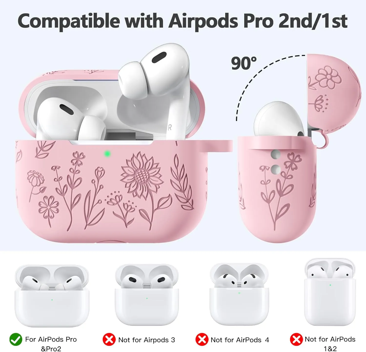 Hamile for AirPods Pro 2nd Generation Case with Cleaner Kit & Keychain, Cute Flower Engraved Soft Silicone Protective AirPods Pro Case Cover for Apple AirPods Pro Case 2nd/1st Generation, Light Pink