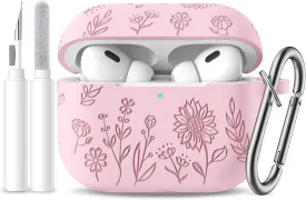Hamile for AirPods Pro 2nd Generation Case with Cleaner Kit & Keychain, Cute Flower Engraved Soft Silicone Protective AirPods Pro Case Cover for Apple AirPods Pro Case 2nd/1st Generation, Light Pink