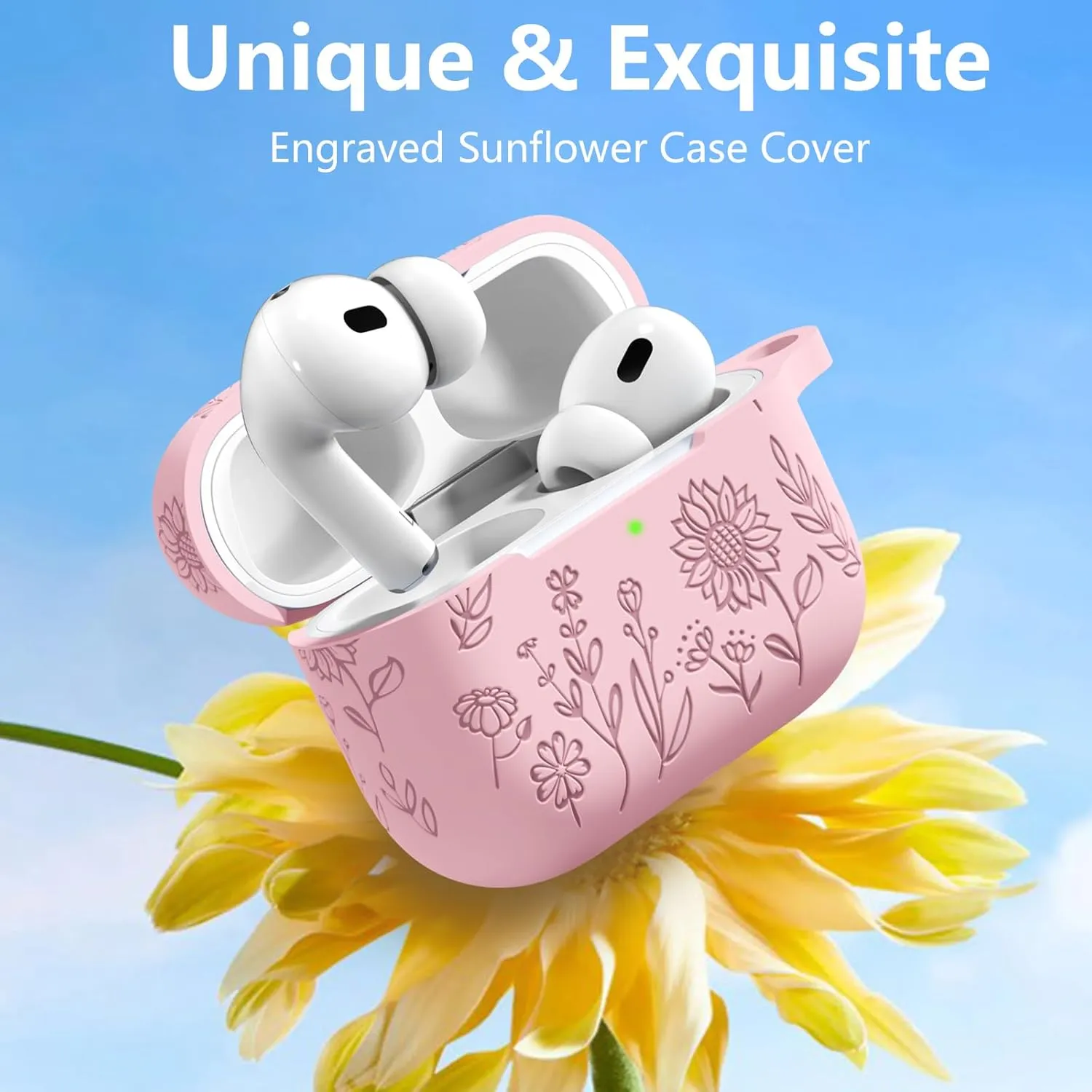 Hamile for AirPods Pro 2nd Generation Case with Cleaner Kit & Keychain, Cute Flower Engraved Soft Silicone Protective AirPods Pro Case Cover for Apple AirPods Pro Case 2nd/1st Generation, Light Pink