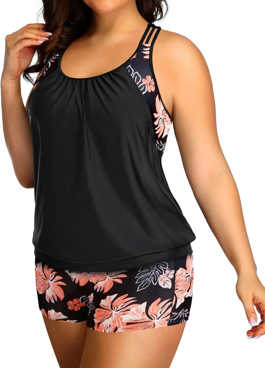 Holipick Plus Size Tankini Swimsuit for Women Two Piece Tummy Control Bathing Suit Blouson Racerback Tankini Top with Shorts
